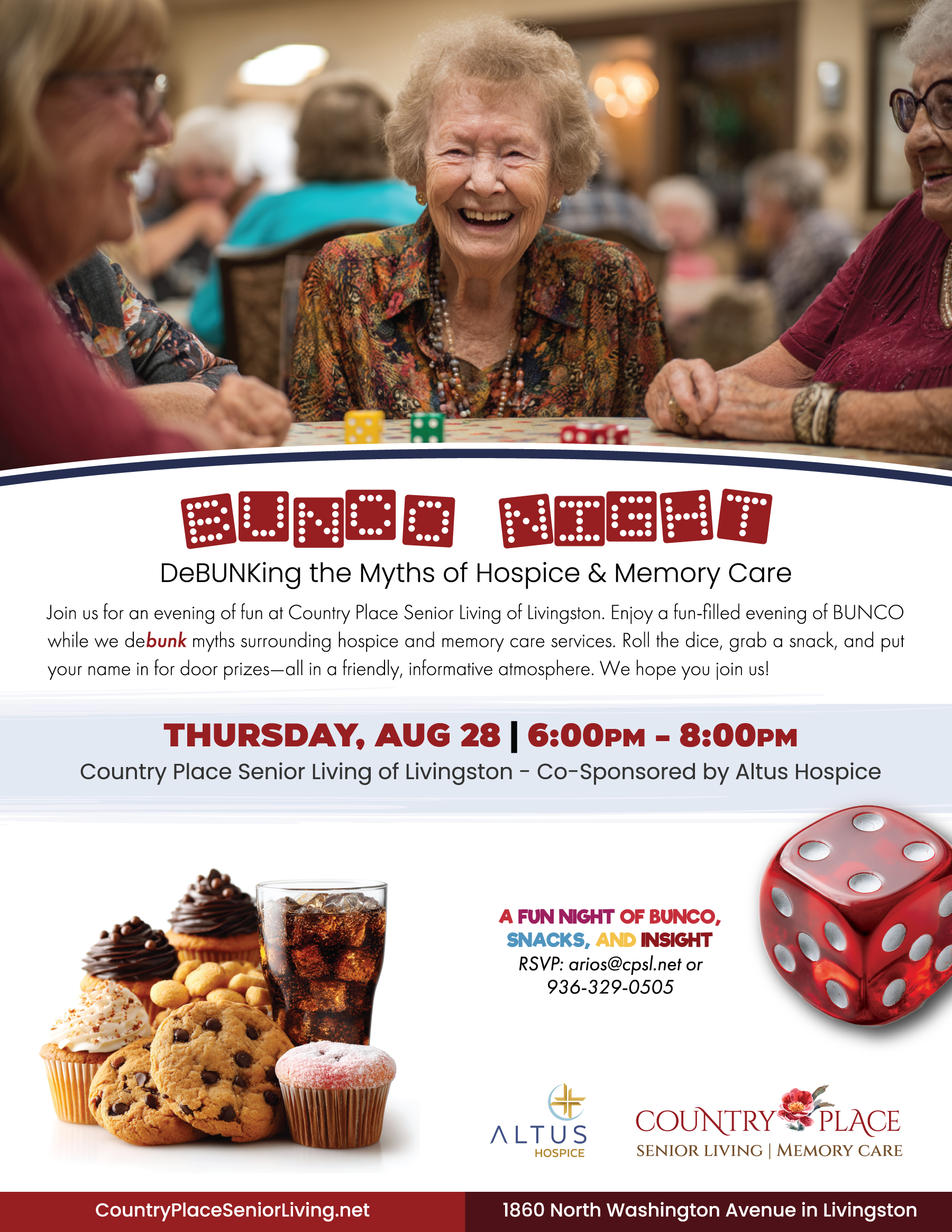 Country Place Senior Living Bunco Night event flyer debunking myths of hospice and memory care