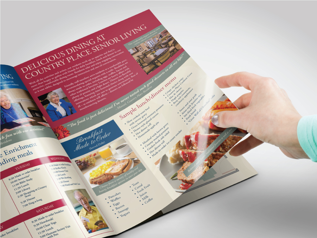 Country Place Senior Living dining brochure interior spread showing menus, activities, and resident testimonial