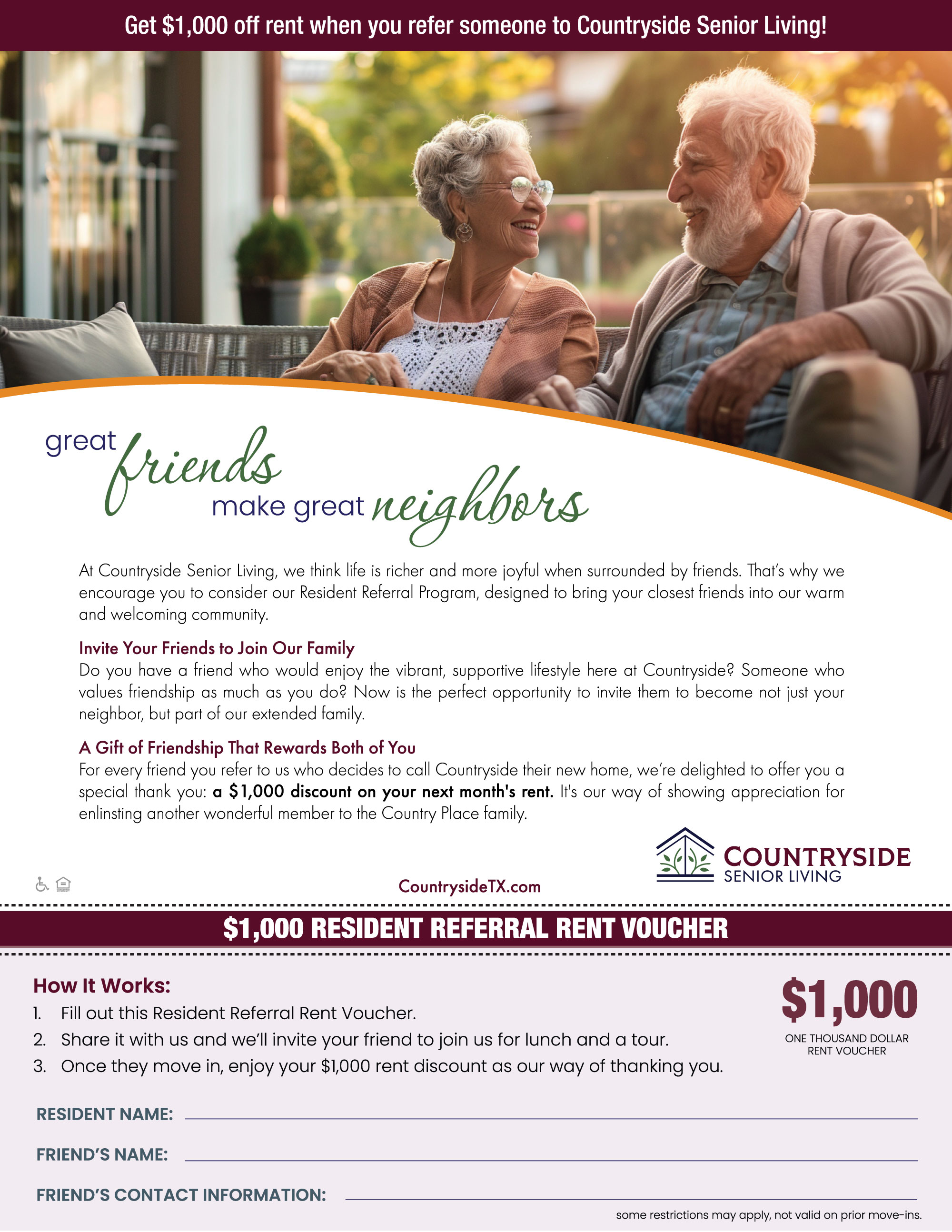 Countryside Senior Living resident referral program flyer with voucher