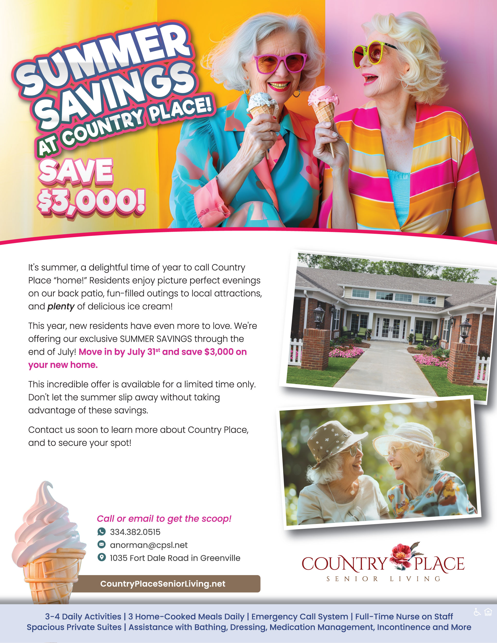 Country Place Senior Living Summer Savings flyer offering $3000 off