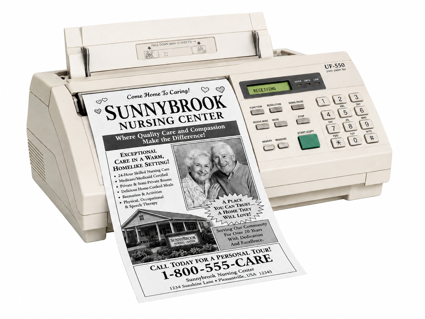 A 1990s plain paper fax machine receiving a print ad for a nursing center.