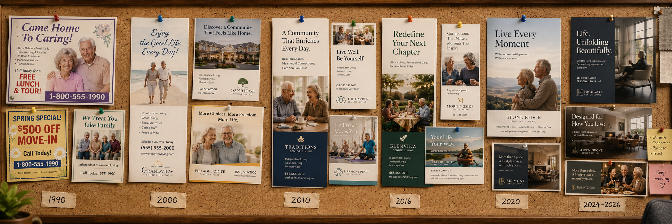A corkboard timeline of senior living ads and brochures from 1990 through 2026.