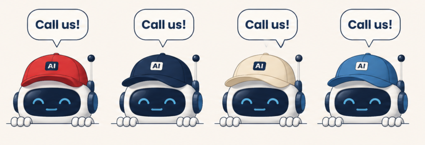 Four identical cartoon AI robots in different colored caps, each saying "Call us!"